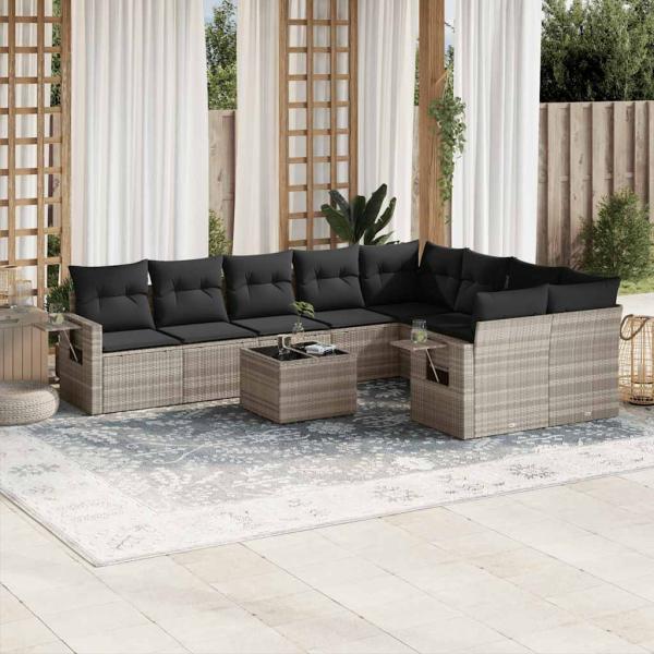 ARDEBO.de - 10-tlg. Garten-Sofagarnitur mit Kissen Hellgrau Poly Rattan
