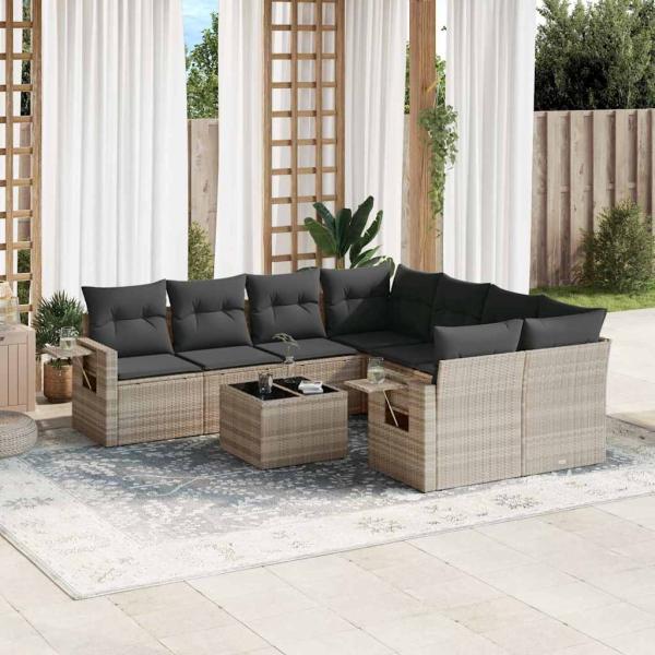 ARDEBO.de - 9-tlg. Garten-Sofagarnitur mit Kissen Hellgrau Poly Rattan