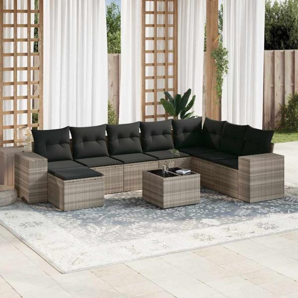 ARDEBO.de - 9-tlg. Garten-Sofagarnitur mit Kissen Hellgrau Poly Rattan