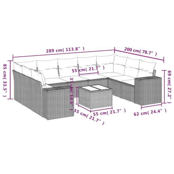 10-tlg. Garten-Sofagarnitur mit Kissen Hellgrau Poly Rattan
