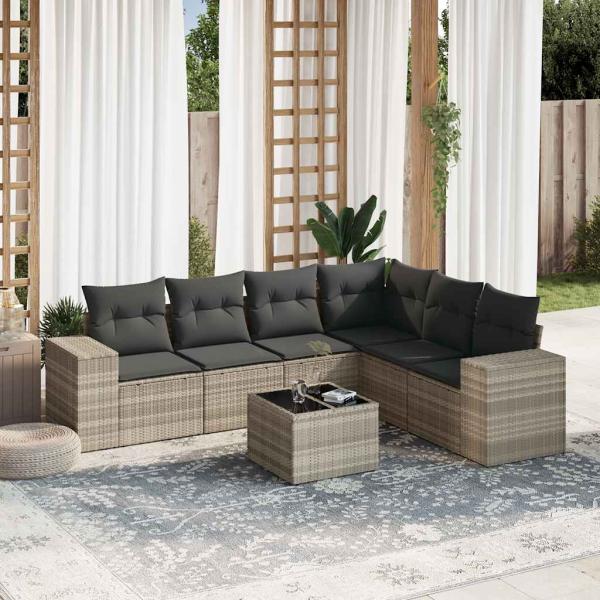 ARDEBO.de - 7-tlg. Garten-Sofagarnitur mit Kissen Hellgrau Poly Rattan