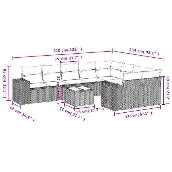 10-tlg. Garten-Sofagarnitur mit Kissen Hellgrau Poly Rattan