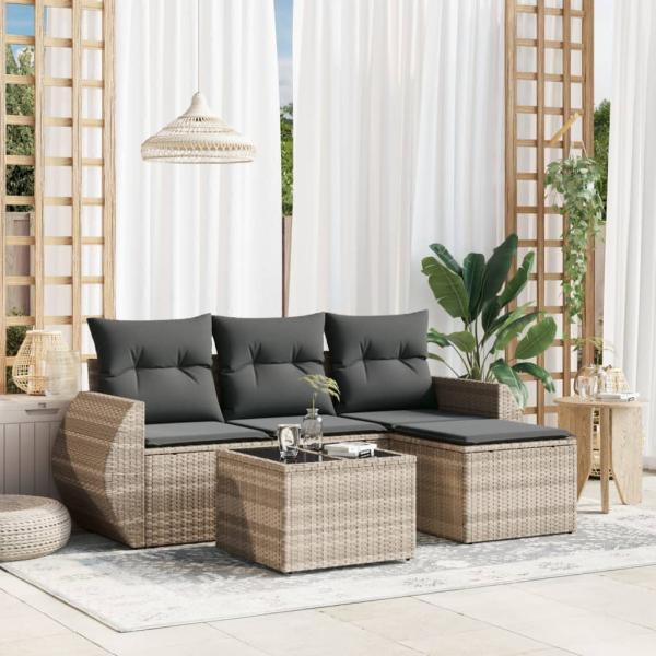 ARDEBO.de - 5-tlg. Garten-Sofagarnitur mit Kissen Hellgrau Poly Rattan