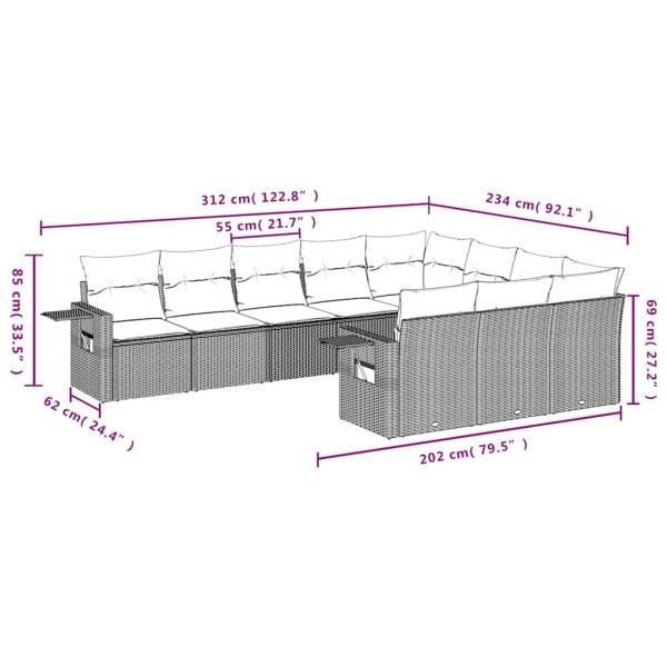 10-tlg. Garten-Sofagarnitur mit Kissen Hellgrau Poly Rattan
