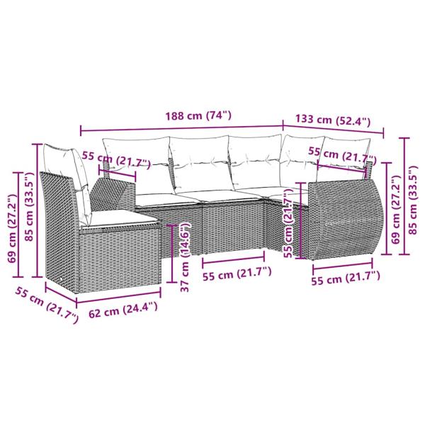 5-tlg. Garten-Sofagarnitur mit Kissen Hellgrau Poly Rattan