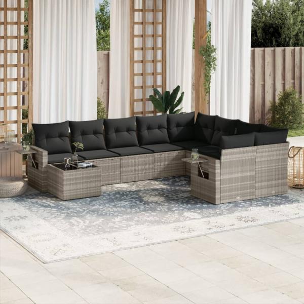 ARDEBO.de - 10-tlg. Garten-Sofagarnitur mit Kissen Hellgrau Poly Rattan