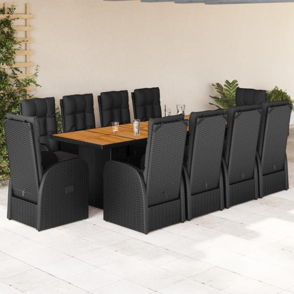ARDEBO.de - 11-tlg. Garten-Essgruppe mit Kissen Schwarz Poly Rattan