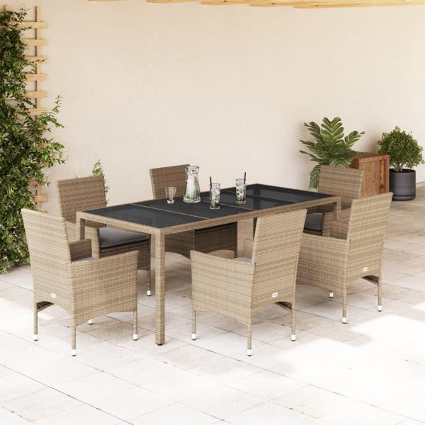 ARDEBO.de - 7-tlg. Garten-Essgruppe mit Kissen Beige Poly Rattan und Glas