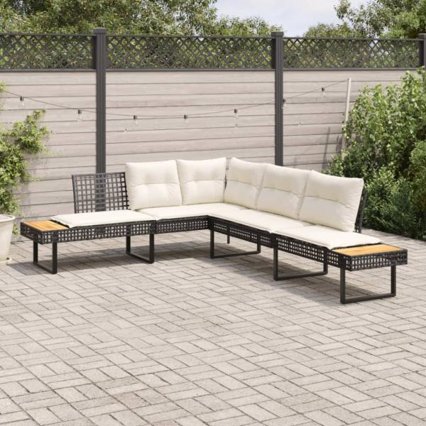 ARDEBO.de - Gartensofa in L-Form mit Kissen Schwarz Poly Rattan und Akazie