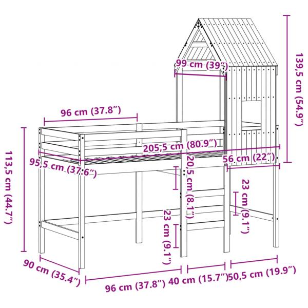 Hochbett mit Leiter und Dach 90x200 cm Massivholz Kiefer