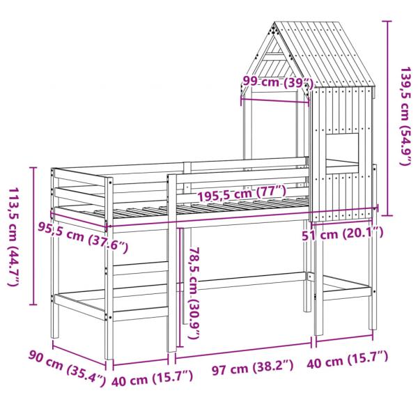 Hochbett mit Leiter und Dach 90x190 cm Massivholz Kiefer