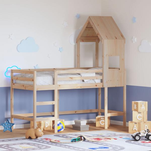 Hochbett mit Leiter und Dach 90x190 cm Massivholz Kiefer