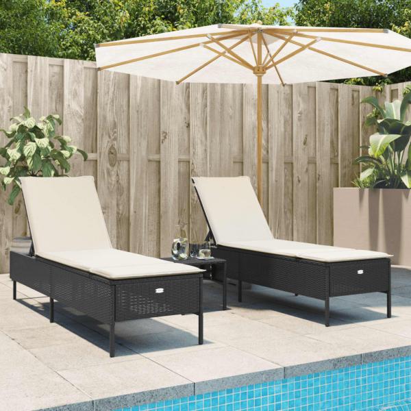 ARDEBO.de - Sonnenliegen mit Auflagen 2 Stk. Schwarz Poly Rattan