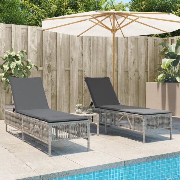 ARDEBO.de - Sonnenliegen mit Auflagen 2 Stk. Hellgrau Poly Rattan
