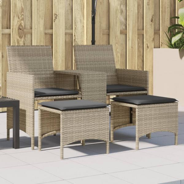 ARDEBO.de - Gartensofa 2-Sitzer mit Tisch und Hockern Hellgrau Poly Rattan