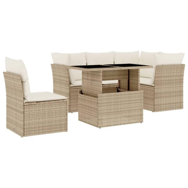 6-tlg. Garten-Sofagarnitur mit Kissen Beige Poly Rattan