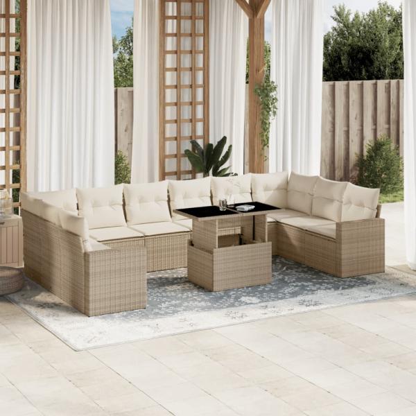 ARDEBO.de - 11-tlg. Garten-Sofagarnitur mit Kissen Beige Poly Rattan