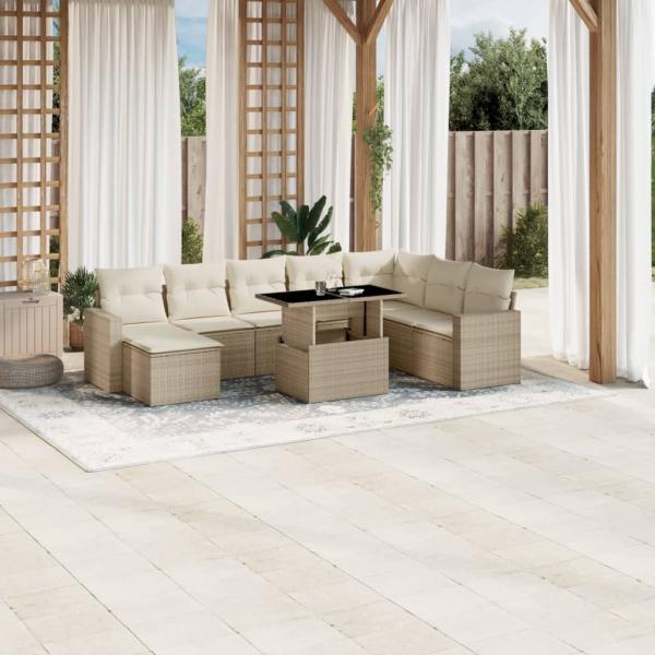 ARDEBO.de - 9-tlg. Garten-Sofagarnitur mit Kissen Beige Poly Rattan