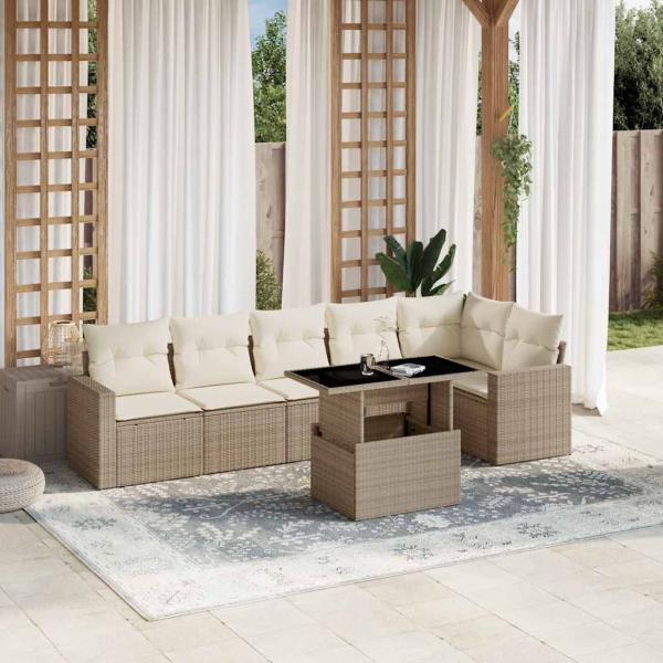 ARDEBO.de - 7-tlg. Garten-Sofagarnitur mit Kissen Beige Poly Rattan