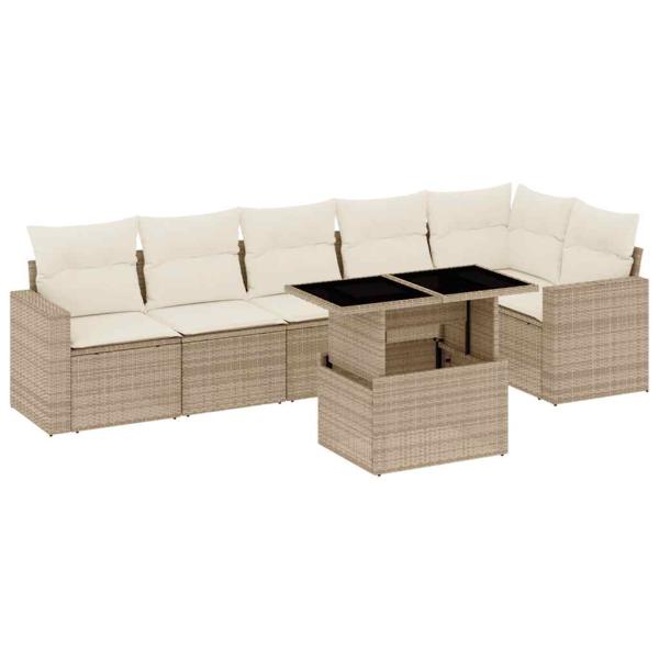 7-tlg. Garten-Sofagarnitur mit Kissen Beige Poly Rattan