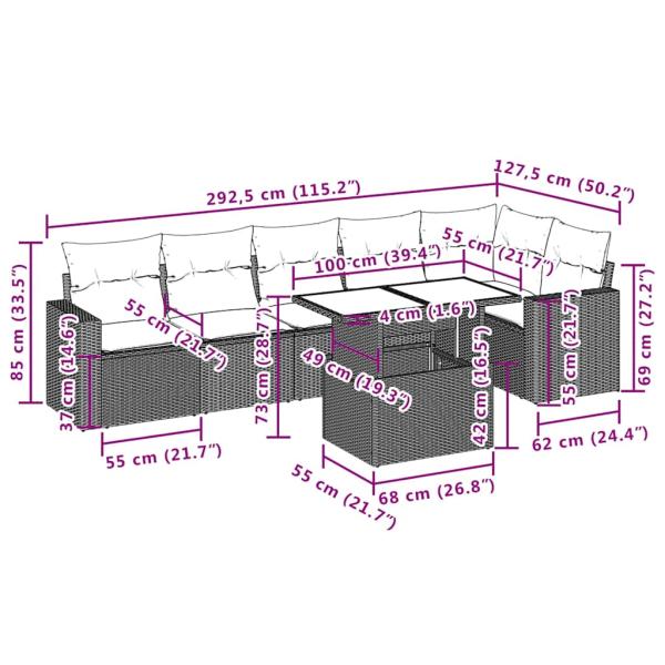 7-tlg. Garten-Sofagarnitur mit Kissen Beige Poly Rattan