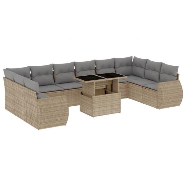 11-tlg. Garten-Sofagarnitur mit Kissen Beige Poly Rattan
