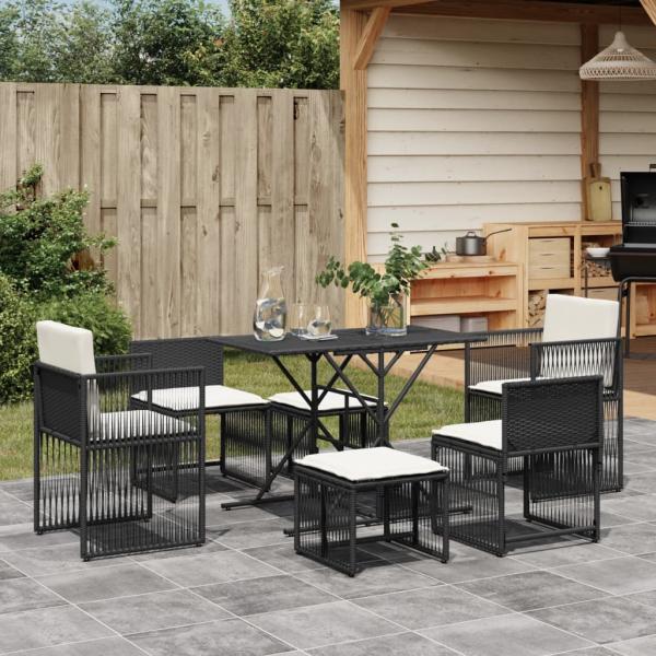ARDEBO.de - 7-tlg. Garten-Essgruppe mit Kissen Schwarz Poly Rattan