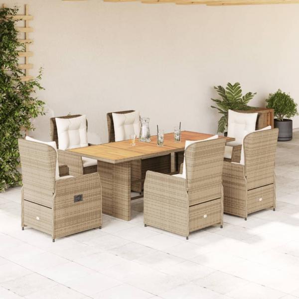 ARDEBO.de - 7-tlg. Garten-Essgruppe mit Kissen Beige Poly Rattan