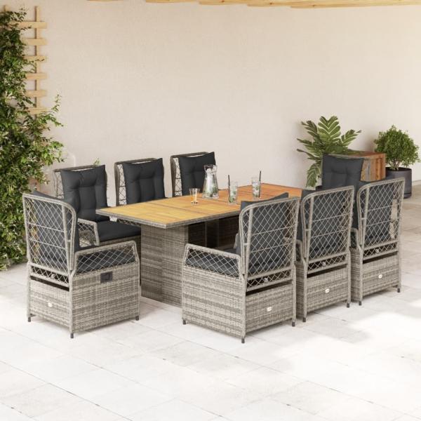 ARDEBO.de - 9-tlg. Garten-Essgruppe mit Kissen Grau Poly Rattan