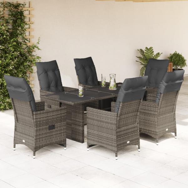 ARDEBO.de - 7-tlg. Garten-Bistro-Set mit Kissen Grau Poly Rattan