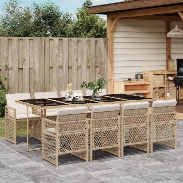 ARDEBO.de - 9-tlg. Garten-Essgruppe mit Kissen Beige Poly Rattan