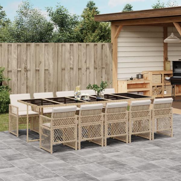 ARDEBO.de - 11-tlg. Garten-Essgruppe mit Kissen Beige Poly Rattan