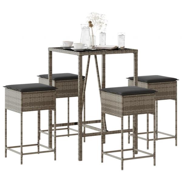 ARDEBO.de - 5-tlg. Gartenbar-Set mit Kissen Grau Poly Rattan