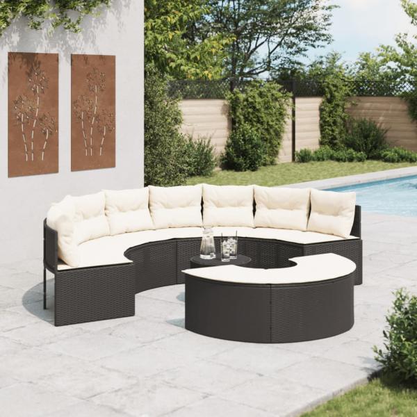 ARDEBO.de - 3-tlg. Garten-Sofagarnitur Halbrund Schwarz Poly-Rattan