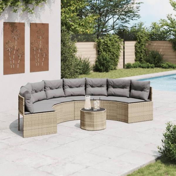 ARDEBO.de - Gartensofa mit Tisch und Kissen Halbrund Beige Poly-Rattan