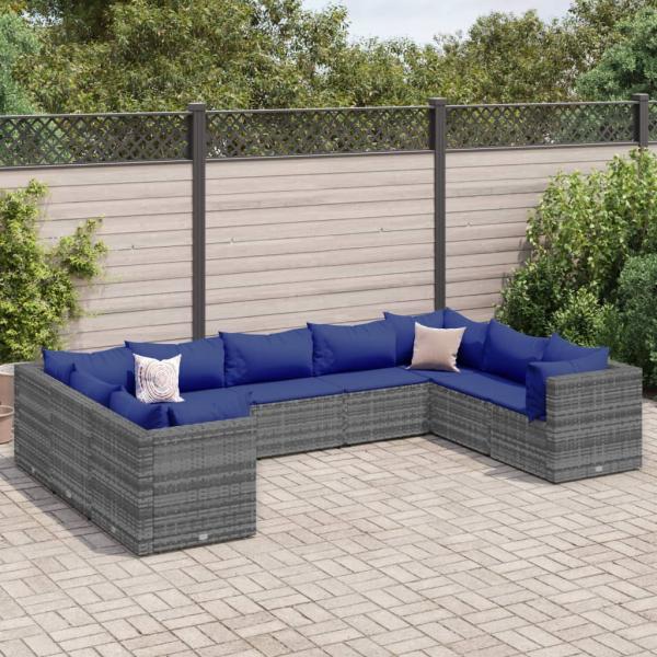 ARDEBO.de - 9-tlg. Garten-Lounge-Set mit Kissen Grau Poly Rattan