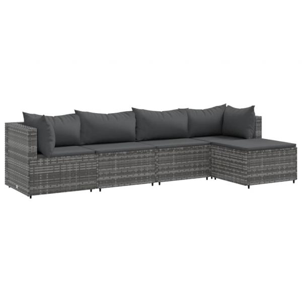 5-tlg. Garten-Lounge-Set mit Kissen Grau Poly Rattan