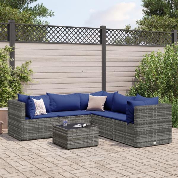 ARDEBO.de - 6-tlg. Garten-Lounge-Set mit Kissen Grau Poly Rattan