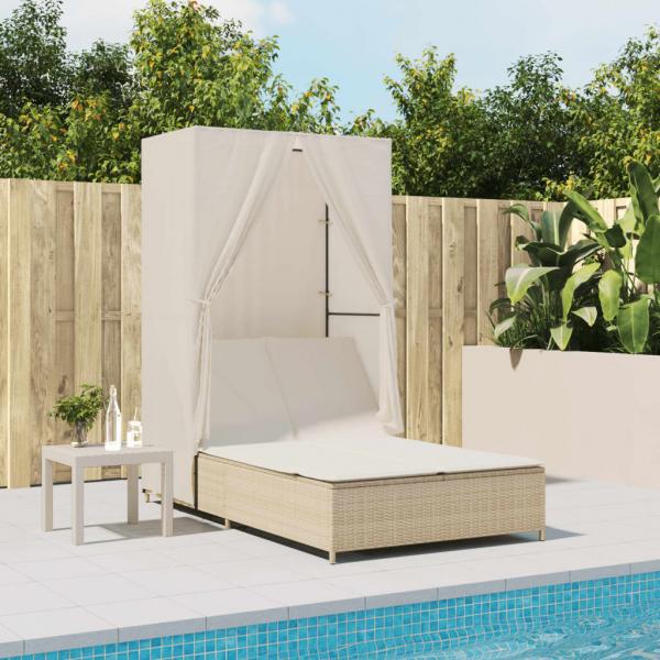 ARDEBO.de - Doppel-Sonnenliege mit Dach und Vorhängen Beige Poly Rattan
