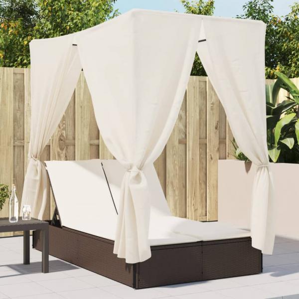 ARDEBO.de - Doppel-Sonnenliege mit Dach und Vorhängen Braun Poly Rattan