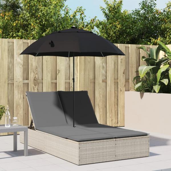 ARDEBO.de - Doppel-Sonnenliege mit Kissen & Schirm Hellgrau Poly Rattan