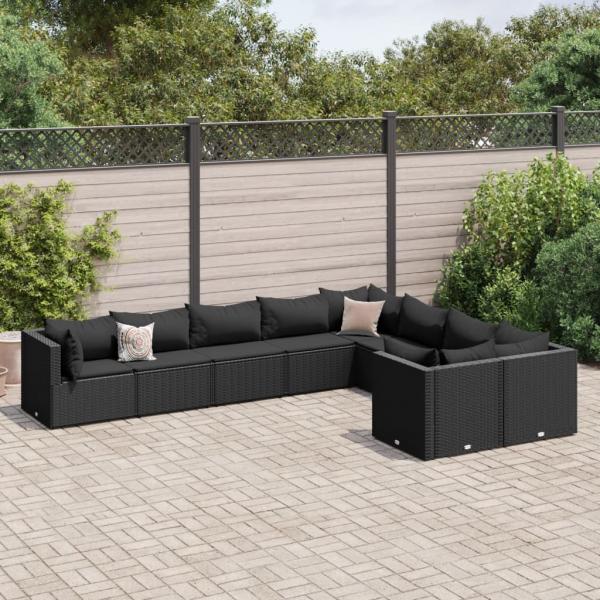 ARDEBO.de - 9-tlg. Garten-Sofagarnitur mit Kissen Schwarz Poly Rattan