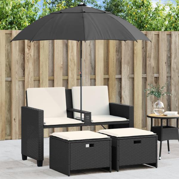 ARDEBO.de - Gartensofa 2-Sitzer Sonnenschirm und Hocker Schwarz Poly-Rattan