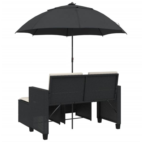 Gartensofa 2-Sitzer Sonnenschirm und Hocker Schwarz Poly-Rattan