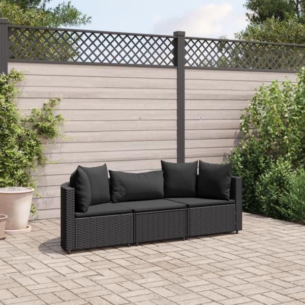 ARDEBO.de - 3-tlg. Garten-Sofagarnitur mit Kissen Schwarz Poly Rattan