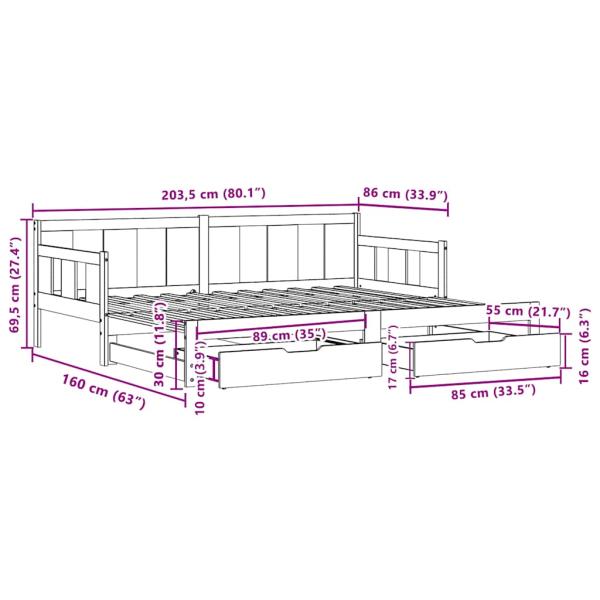 Tagesbett Ausziehbar mit Schubladen ohne Matratze 80x200 cm