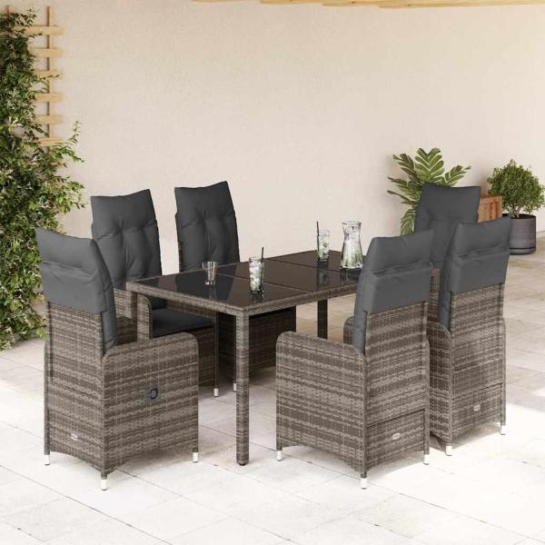 ARDEBO.de - 7-tlg. Garten-Bistro-Set mit Kissen Grau Poly Rattan