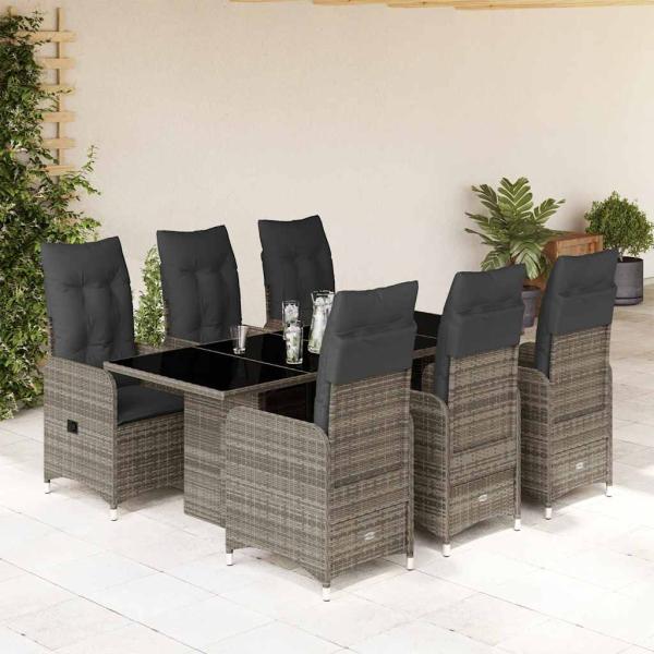ARDEBO.de - 7-tlg. Garten-Bistro-Set mit Kissen Grau Poly Rattan