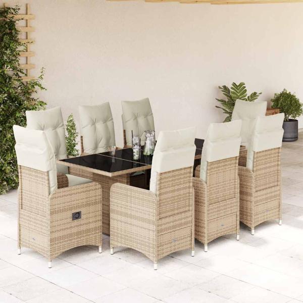 ARDEBO.de - 9-tlg. Garten-Bistro-Set mit Kissen Beige Poly Rattan