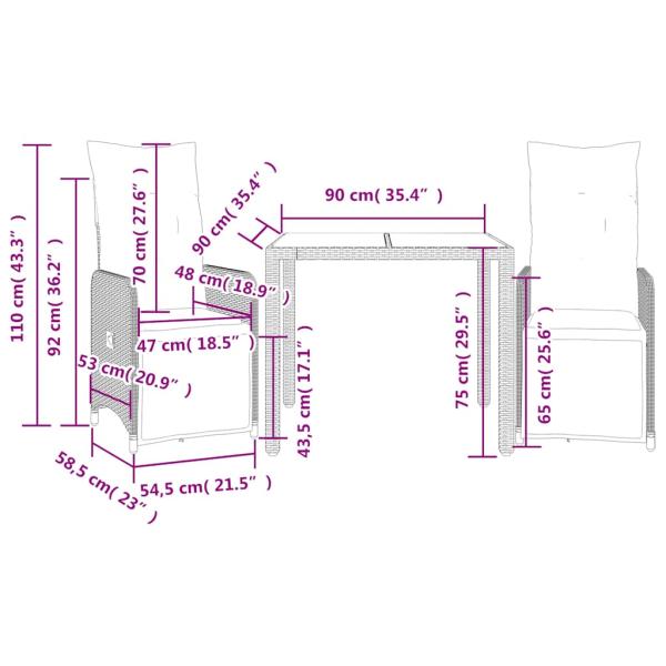 3-tlg. Garten-Bistro-Set mit Kissen Braun Poly Rattan